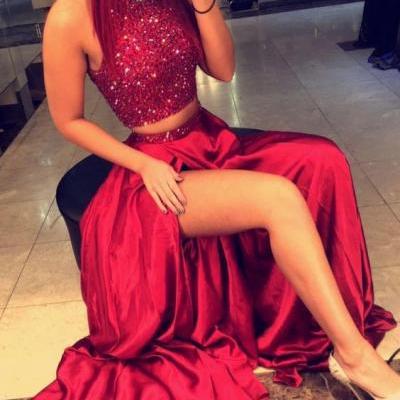 Two Piece Red High Neck Prom Dress