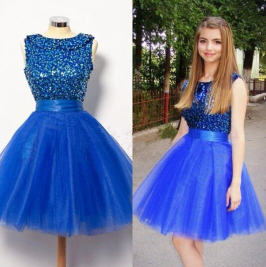 Blue Puffy Short Prom Dresses