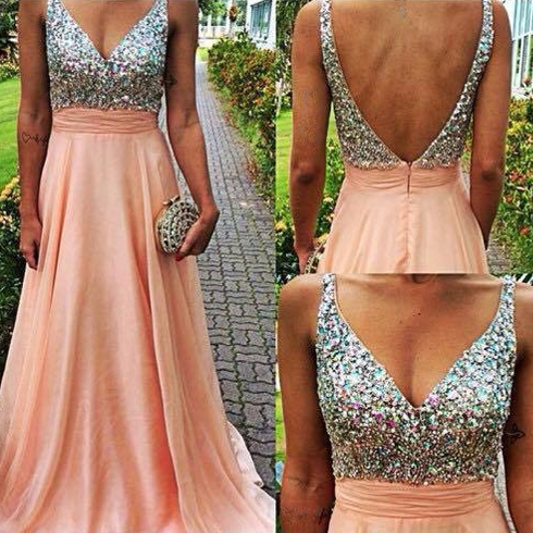 peach and silver prom dresses