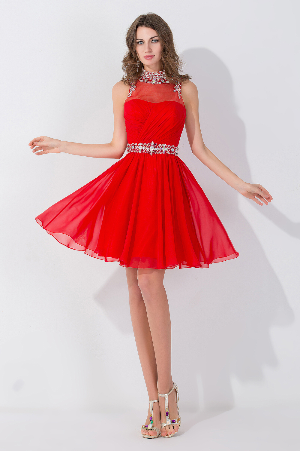 Elegant Sleeveless Dress,Red Chiffon Dresses,High