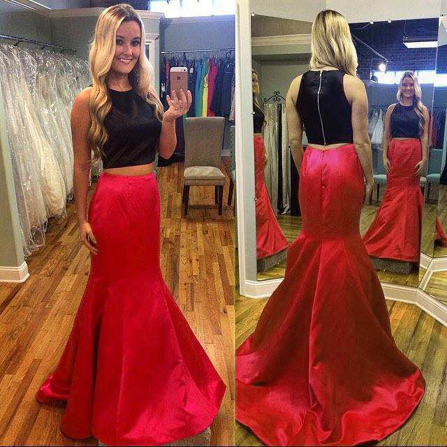 red and black 2 piece prom dress