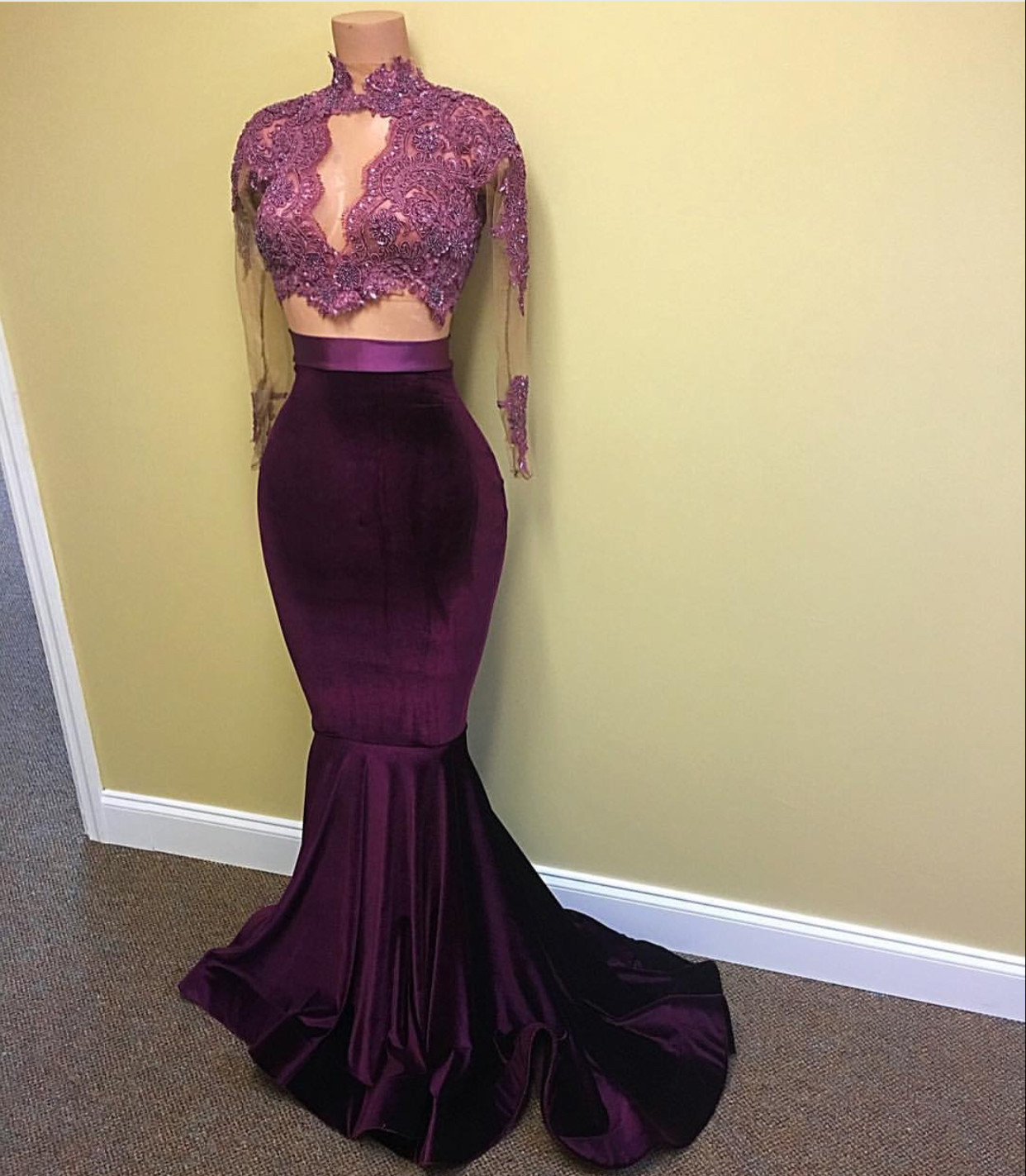 long sleeve high neck prom dress