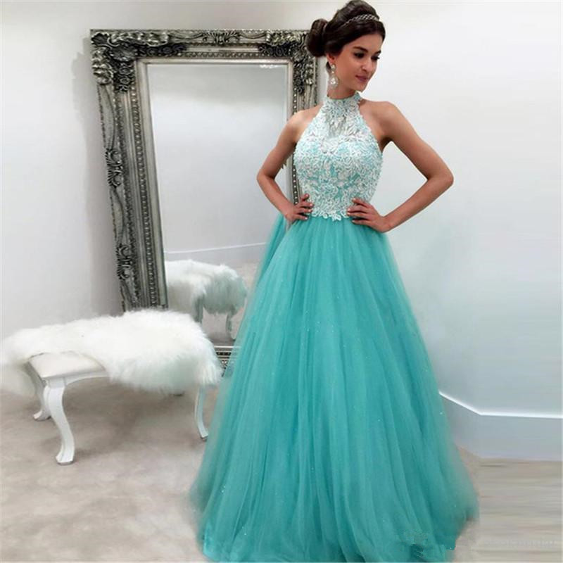 green high neck prom dress