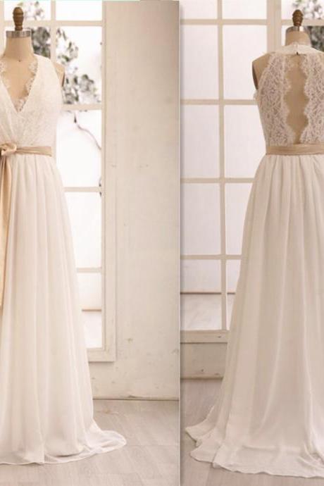 Lace Ivory Prom Dress, Ivory Wedding Dresses, Evening Dress, V Neck Evening Dress, Evening Dress With Sashes