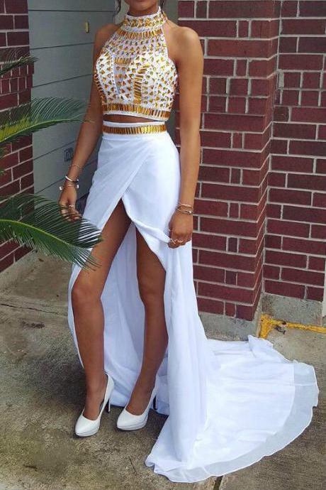 Gold Crystal Two Piece Prom Dress