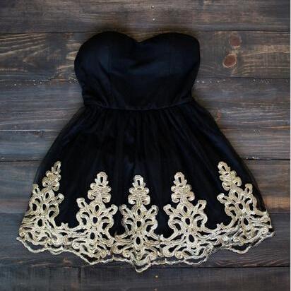 strapless Black Homecoming Dress,Gold Embroidery Homecoming Dress, Homecoming Dresses