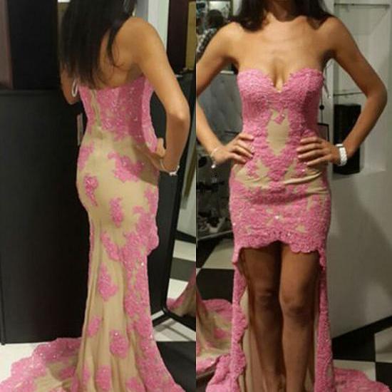 Lace Applique Prom Dress,Hi-Lo Prom Dresses,Evening Dress